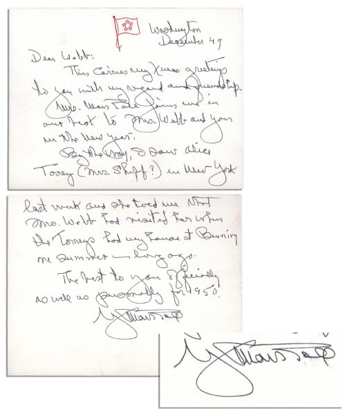 General George Marshall Autograph Letter Signed -- 1949 Seasons Greetings to NASA Head James Webb
