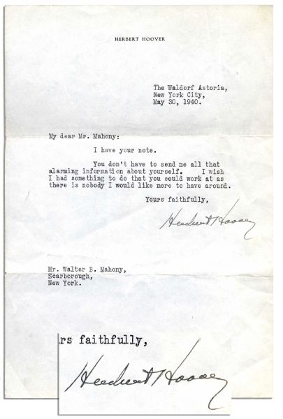 Herbert Hoover Typed Letter Signed -- ...You dont have to send me all that alarming information about yourself...