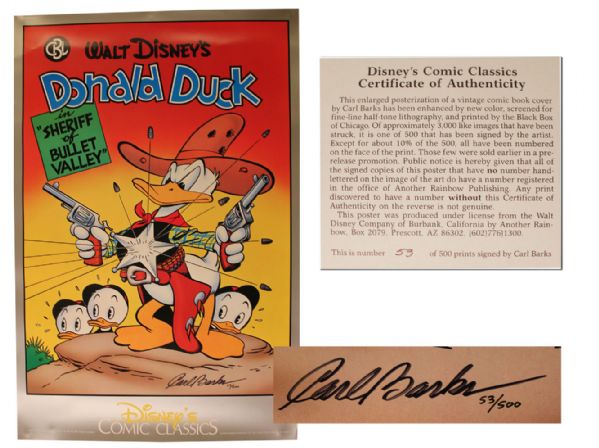 Carl Barks Signed Limited Edition Donald Duck Poster -- 24 x 36 Numbered 53/500 With Disney COA -- Near Fine