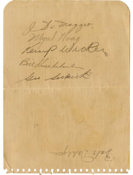 1938 Joe DiMaggio Signature -- Five Other Yankees From Championship Season Also Sign -- PSA/DNA Pre-Certified