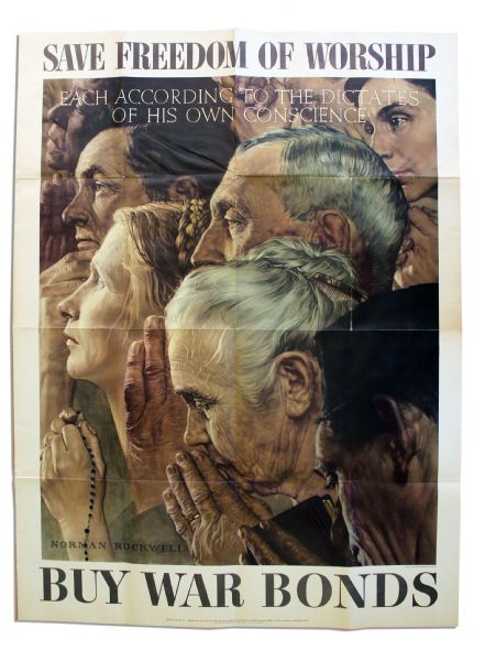 WWII Norman Rockwell Poster -- Save Freedom of Worship -- 28.5 x 40