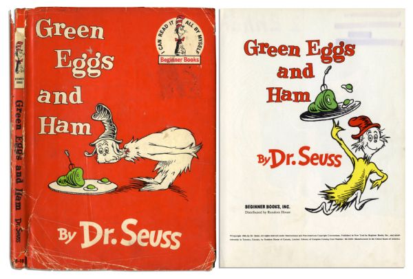 Scarce First Edition of Dr. Seuss Beloved Green Eggs and Ham -- First Edition Dustjacket Minus 50 Word Vocabulary Sticker
