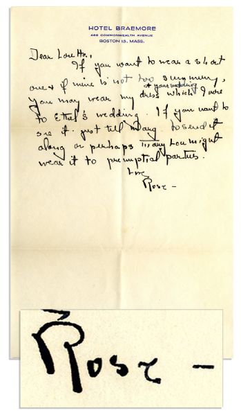 Rose Kennedy Autograph Note Signed -- ...you may wear my dress at your wedding which I wore to Ethels wedding...