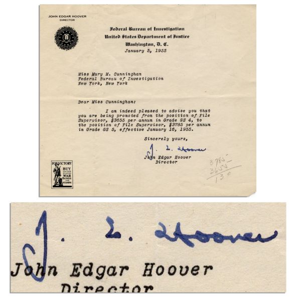 J. Edgar Hoover 1955 Typed Letter Signed -- ...I am indeed pleased to advise you that you are being promoted...