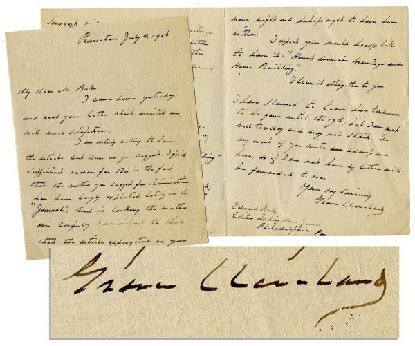 President Grover Cleveland Autograph Letter Signed -- ...I expect you would ideally like to have it: Honest American Marriage and Home Building...