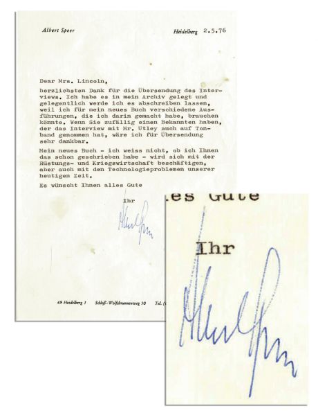 Albert Speer Typed Letter Signed -- ...If you by any chance have a friend who recorded the interview with Mr. [Garrick] Utley on audiotape, Id be very thankful...