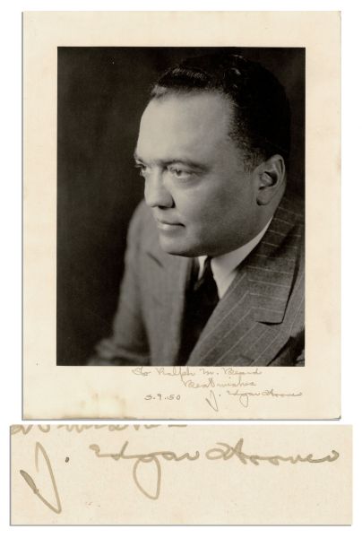 J. Edgar Hoover Signed Photo -- To Ralph W. Beards / Best wishes J. Edgar Hoover  3.9.50 -- 8.75 x 11.25 Matte Photo -- Small Stain to Lower Edge, Else Near Fine