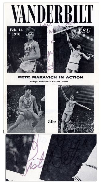 Pistol Pete Maravich Signed Vanderbilt College Basketball Program -- Scarce Signature Inscribed to Sports Journalist Boo Odem