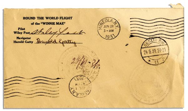 Wiley Post & Harold Gatty Signed Cover Flown on the Winnie Mae During Her History-Making World Flight -- 1931