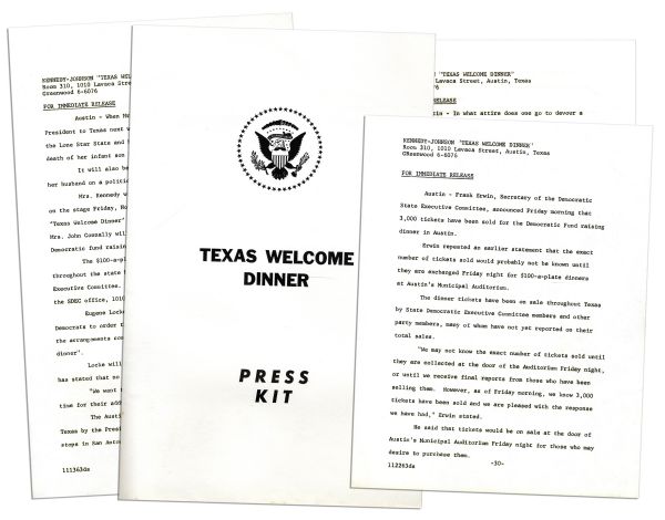 Press Kit From the JFK Texas Welcome Dinner  -- Scheduled for the Night of His Assassination