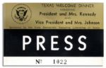 Press Badge for John F. Kennedys Texas Welcome Dinner the Night of his Assassination