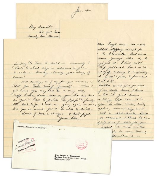 Eisenhower WWII Letter to Mamie -- ...we rode 20 hours without stopping...long day of riding & inspecting...you may have a very old, broken down man on your hands... -- With Envelope Signed by Ike