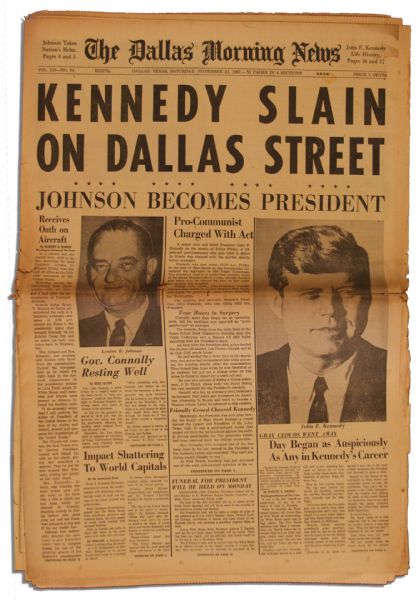 JFK Assassination Newspaper -- The Dallas Morning News From 23 November 1963 -- KENNEDY SLAIN ON DALLAS STREET