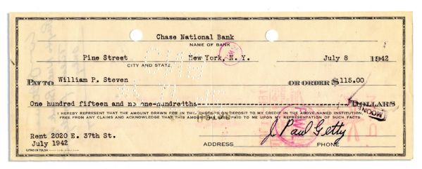 Billionaire J. Paul Getty Signed Check -- His $115 Check for the Rent at 2020 E. 37th St. in Oklahoma in July of 1942 -- Measures 8.25 x 3.25 -- Bank Cancellations & Crease, Else Near Fine