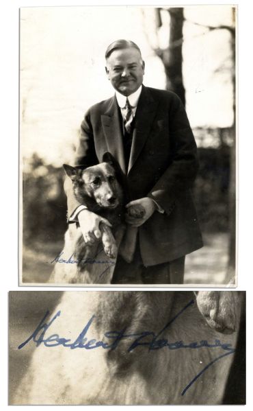 Herbert Hoover Signed 8 x 10 Photo -- Posing With His Dog King Tut