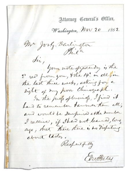 Lincolns Attorney General Edward Bates 1862 Autograph Letter Signed -- Responding to an Autograph Request -- "...I find it hard to remember to answer them all...