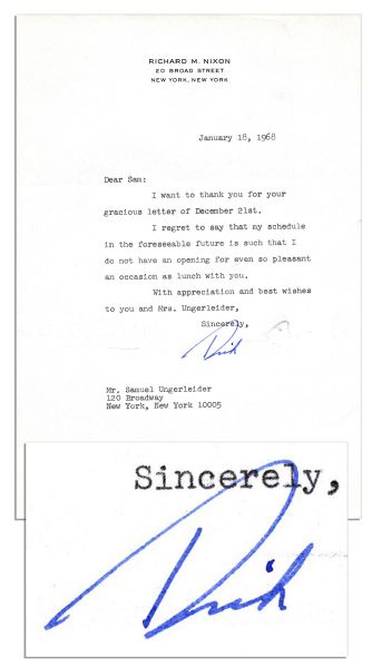 Richard Nixon 1968 Typed Letter Signed -- Gearing Up for the Presidential Election -- ...my schedule...is such that I do not have an opening for even so pleasant an occasion as lunch with you...