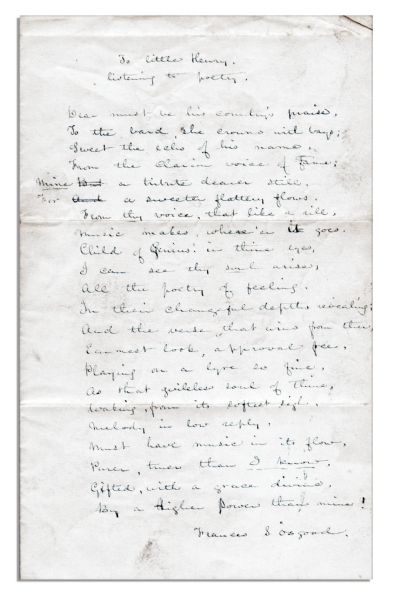 Rare Frances S. Osgood Signed Poem Written in Her Own Hand -- ...Playing on a lyre so fine, / As that guileless soul of thine, / waking from its softest sigh. / Melody in low reply...