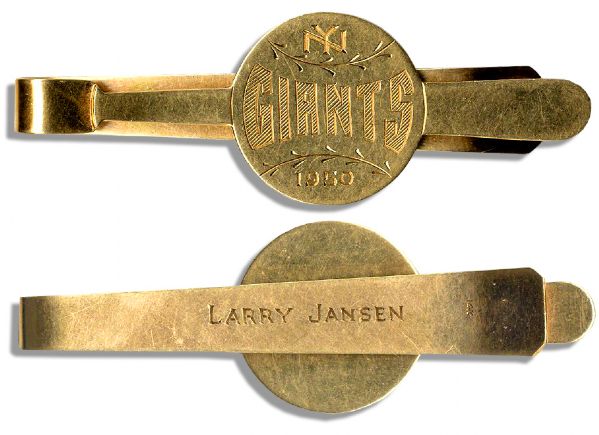 Larry Jansens Engraved Solid 14k Gold New York Giants 1950 Tie Clip -- From His Personal Estate