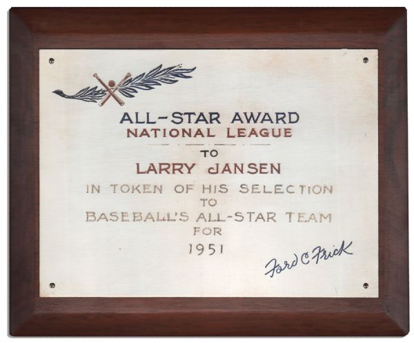 New York Giants Pitcher Larry Jansens Official 1951 All-Star Award Plaque -- Commemorating His Selection to the Team -- From the Larry Jansen Estate
