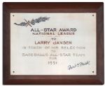 New York Giants Pitcher Larry Jansens Official 1951 All-Star Award Plaque -- Commemorating His Selection to the Team -- From the Larry Jansen Estate