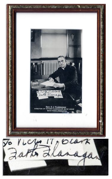 Boys Town Founder Father E.J. Flanagan Signed 3 x 5 Photo -- To Vick H. Clark / Father Flanagan -- In Vintage 5.75 x 7.75 Wood Frame -- Tiny Chip to Finish, Else Near Fine