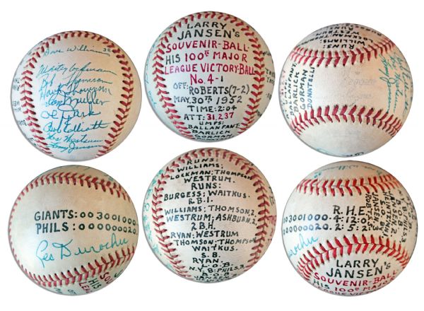 Larry Jansen Signed Baseball in Celebration of His 100th MLB Win -- Also Signed by Bobby Thomson, Al Dark, Dave Williams, Whitey Lockman, Hank Thompson, Don Mueller & Bob Elliott -- 1952