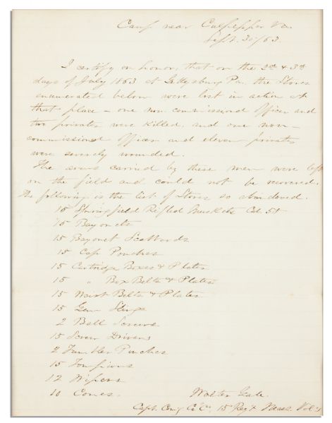 Gettysburg 1863 Civil War Document From 15th Massachusetts Reporting Its Losses  -- ...on the 2nd & 3rd days of July 1863 at Gettysburg Pa...enumerated below were lost in action...