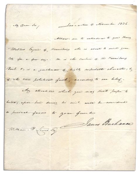 James Buchanan Autograph Letter Signed Referring to His Party Affiliations -- ...He is...a gentleman of highly respectable character, & of the true political faith, according to our belief...