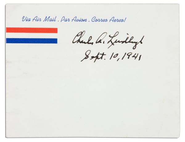 Charles Lindbergh Signed Envelope -- Signed the Day Before His Famous 1941 America First Anti-War Speech