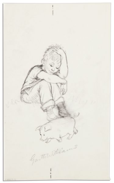 Childrens Book Illustrator Garth Williams Signed Drawing -- Early Cover Art For the 1959 Book Emmetts Pig