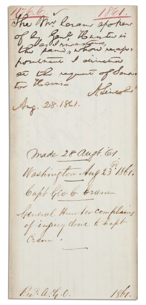 Abraham Lincoln Autograph Note Signed as President -- Regarding a Correspondence Received From Union General David Hunter