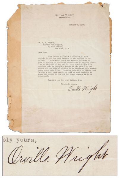 Orville Wright Typed Letter Signed Discussing Aeronautics -- ...I am so strongly of the opinion that soaring flight is possible only in ascending trends of air...