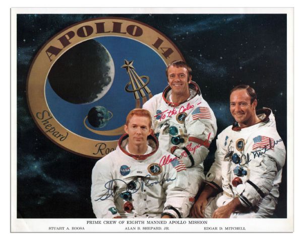 Apollo 14 Crew-Signed 10 x 8 Photo -- Alan Shepard, Stuart Roosa and Edgar Mitchell