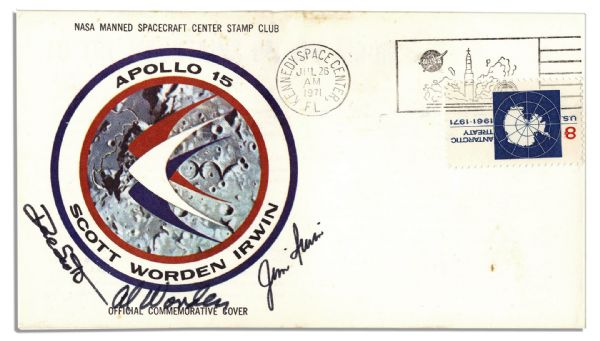 Apollo 15 Crew-Signed NASA Issued Astronaut Insurance Cover -- Al Worden, Dave Scott & Jim Irwin -- Cancelled 26 July 1971 -- 6.5 x 3.75 -- Near Fine -- With COA From Worden
