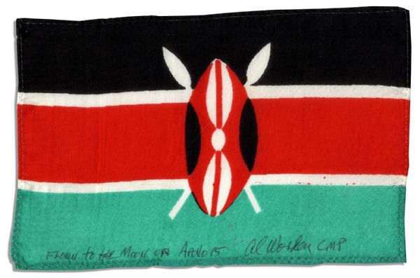 Apollo 15 Flown 6 x 4 Kenya Flag -- Signed & Inscribed Flown to the Moon on Apollo 15 by NASA Astronaut Al Worden -- Near Fine -- Also With COA by Worden