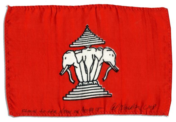 Apollo 15 Flown 6 x 4 Kingdom of Laos Flag -- Signed & Inscribed Flown to the Moon on Apollo 15 by NASA Astronaut Al Worden -- Near Fine -- Also With COA by Worden