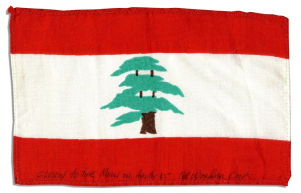 Apollo 15 Flown 6 x 4 Lebanon Flag -- Signed & Inscribed Flown to the Moon on Apollo 15 by NASA Astronaut Al Worden -- Near Fine -- Also With COA by Worden