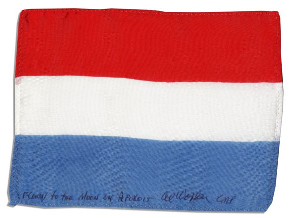 Apollo 15 Flown 6 x 4 Luxembourg Flag -- Signed & Inscribed Flown to the Moon on Apollo 15 by NASA Astronaut Al Worden -- Near Fine -- Also With COA by Worden