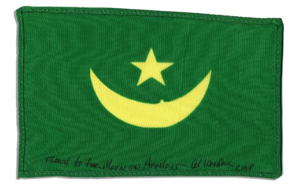 Apollo 15 Flown 6 x 4 Mauritania Flag -- Signed & Inscribed Flown to the Moon on Apollo 15 by NASA Astronaut Al Worden -- Near Fine -- Also With COA by Worden