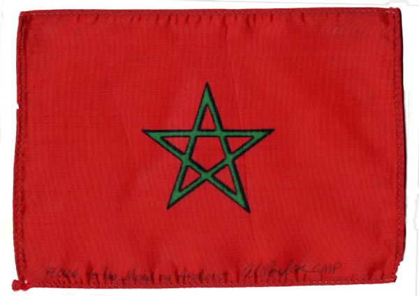 Apollo 15 Flown 6 x 4 Morocco Flag -- Signed & Inscribed Flown to the Moon on Apollo 15 by NASA Astronaut Al Worden -- Near Fine -- Also With COA by Worden