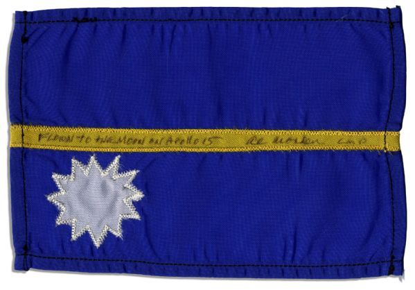 Apollo 15 Flown 6 x 4 Nauru Flag -- Signed & Inscribed Flown to the Moon on Apollo 15 by NASA Astronaut Al Worden -- Near Fine -- Also With COA by Worden