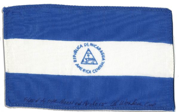 Apollo 15 Flown 6 x 4 Nicaragua Flag -- Signed & Inscribed Flown to the Moon on Apollo 15 by NASA Astronaut Al Worden -- Near Fine -- Also With COA by Worden