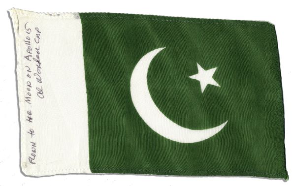 Apollo 15 Flown 6 x 4 Pakistan Flag -- Signed & Inscribed Flown to the Moon on Apollo 15 by NASA Astronaut Al Worden -- Near Fine -- Also With COA by Worden