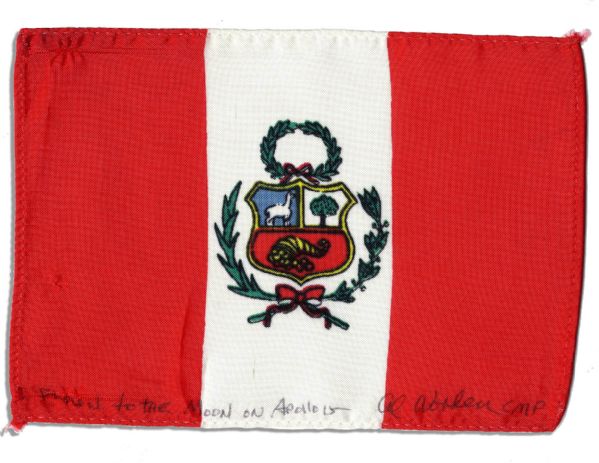 Apollo 15 Flown 6 x 4 Peru Flag -- Signed & Inscribed Flown to the Moon on Apollo 15 by NASA Astronaut Al Worden -- Near Fine -- Also With COA by Worden