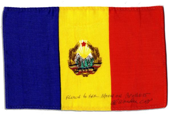 Apollo 15 Flown 6 x 4 Romania Flag -- Signed & Inscribed Flown to the Moon on Apollo 15 by NASA Astronaut Al Worden -- Near Fine -- Also With COA by Worden