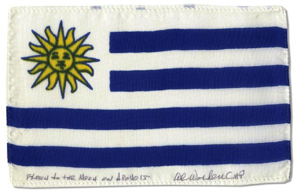 Apollo 15 Flown 6 x 4 Uruguay Flag -- Signed & Inscribed Flown to the Moon on Apollo 15 by NASA Astronaut Al Worden -- Near Fine -- Also With COA by Worden
