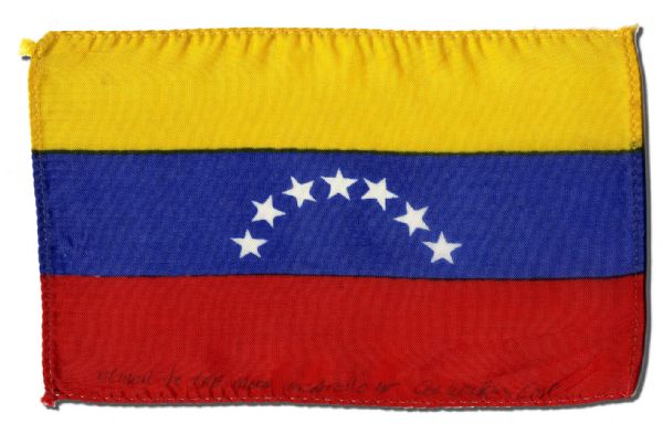 Apollo 15 Flown 6 x 4 Venezuela Flag -- Signed & Inscribed Flown to the Moon on Apollo 15 by NASA Astronaut Al Worden -- Near Fine -- Also With COA by Worden