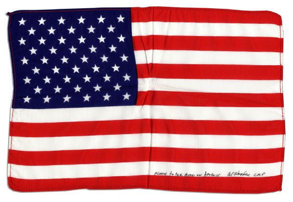 Large 11.5" x 7.75" Apollo 15 Flown American Flag -- Signed & Inscribed "Flown to the Moon on Apollo 15 Al Worden CMP" by NASA Astronaut Al Worden -- Near Fine -- Also With COA by Worden