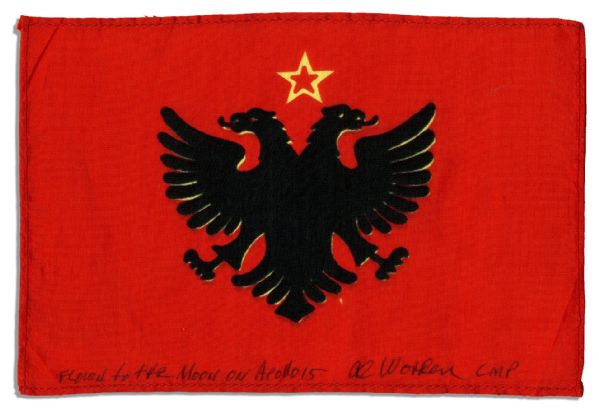 Apollo 15 Flown 6 x 4 Albanian Flag -- Signed & Inscribed Flown to the Moon on Apollo 15 Al Worden CMP by NASA Astronaut Al Worden -- Near Fine -- Also With COA by Worden
